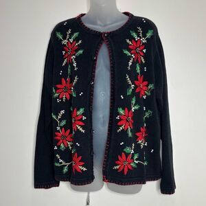 Vintage Victoria Jones holiday Christmas Cardigan sweater black red beaded XL